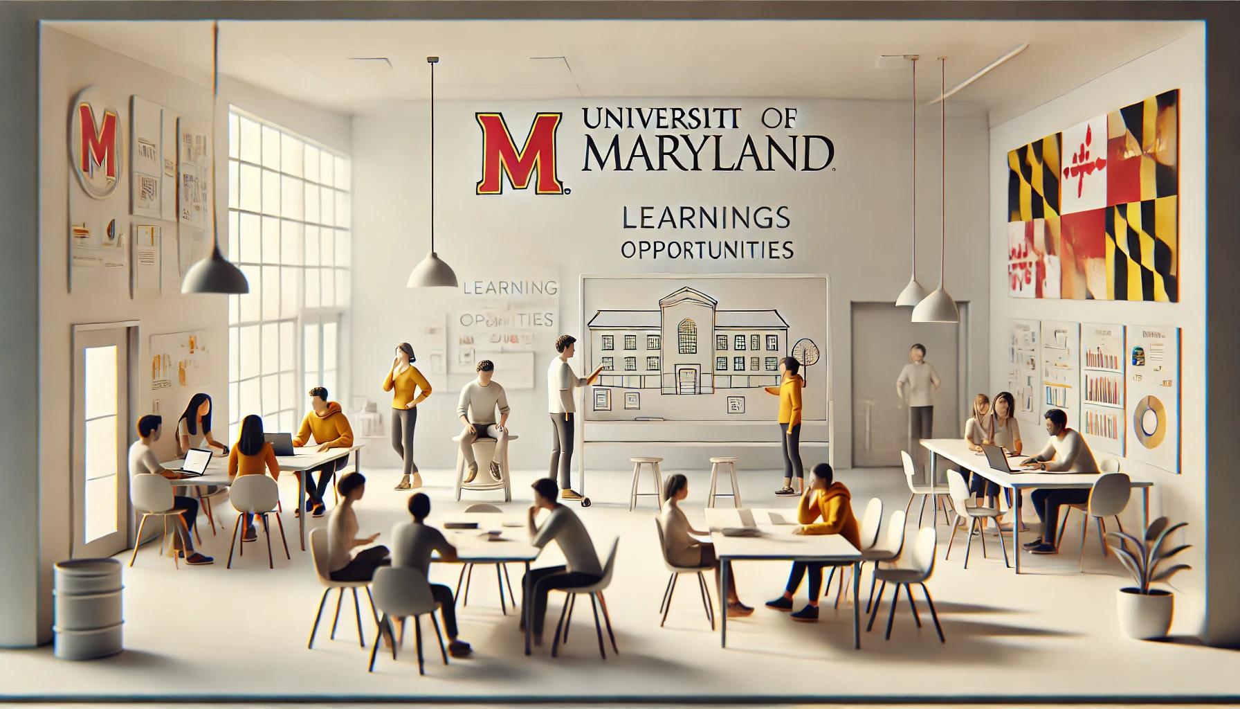 A simplified image representing learning opportunities for teams and groups at a university. The scene shows a small team of people collaborating