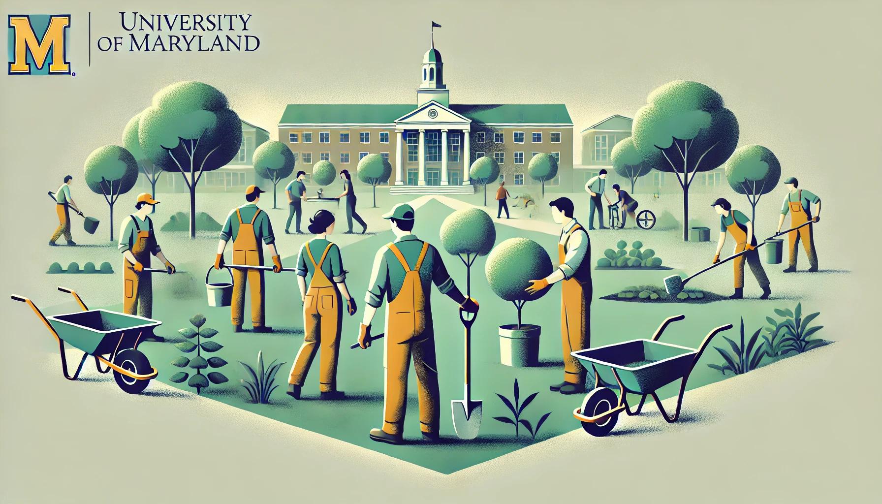 A simplified image representing learning opportunities for teams and groups involved in blue-collar work, such as landscaping, outdoors at a universit